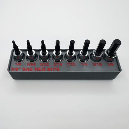 Black SAE hex bit organizer holding eight bits, sizes labelled 1/8 through 3/8 in red