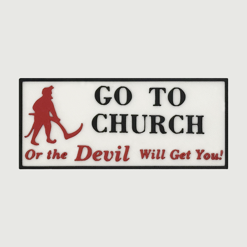 Go To Church billboard magnet, a black-framed sign with the red devil figure and red script lettering