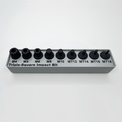 Grey triple-square impact bit organizer holding nine bits, M4 through MT18